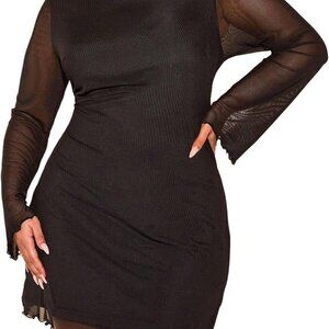 Plus Size Mesh Dress Long Sleeve Bodycon Mini Dress for Women